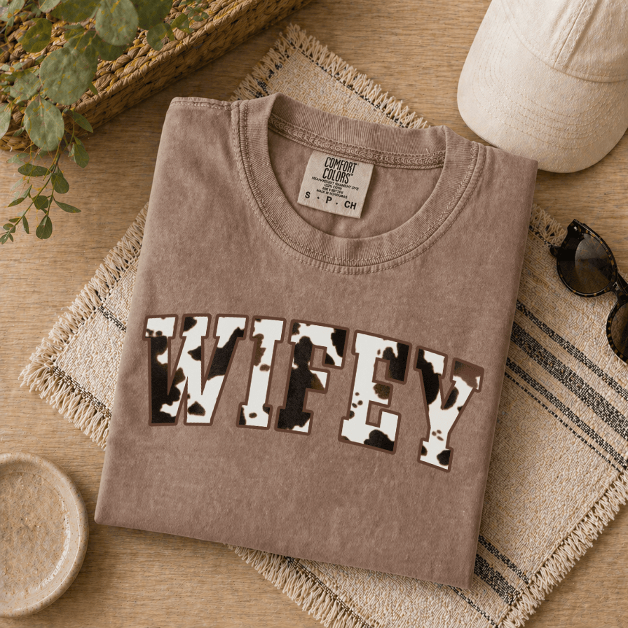 Cow Print Wifey Comfort Colors Shirt – Western Bridal Gift for Bride, Country Cowgirl Honeymoon Tee - detail view